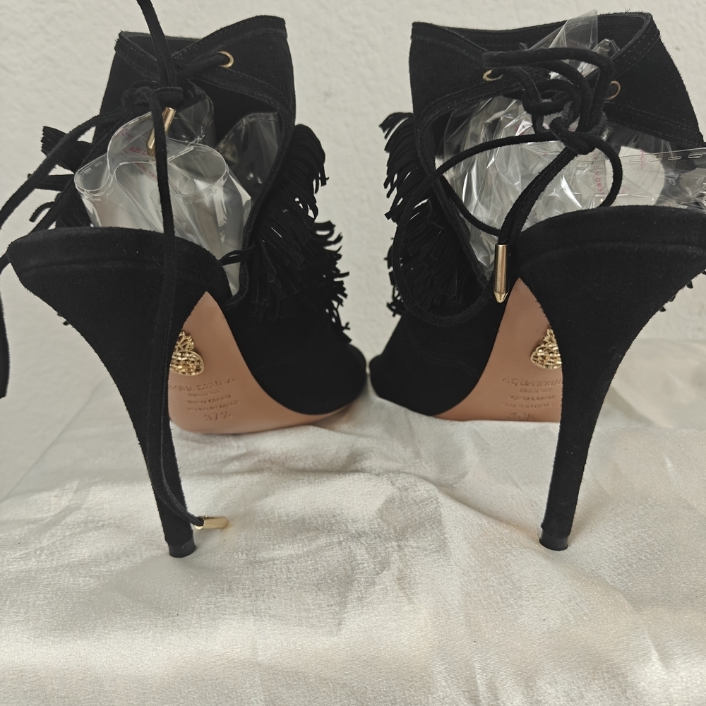 Aquazzura Sexy Fringe 105 Black Suede Cutout Sandal Heels 37.5/7.5 Women's - Picture 11 of 15
